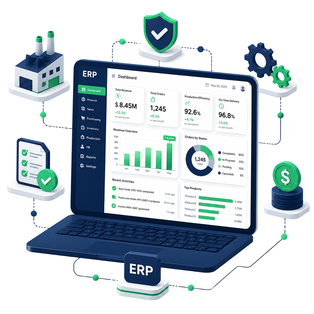 Painel do KORVIX ERP com indicadores de estoque, financeiro e produção